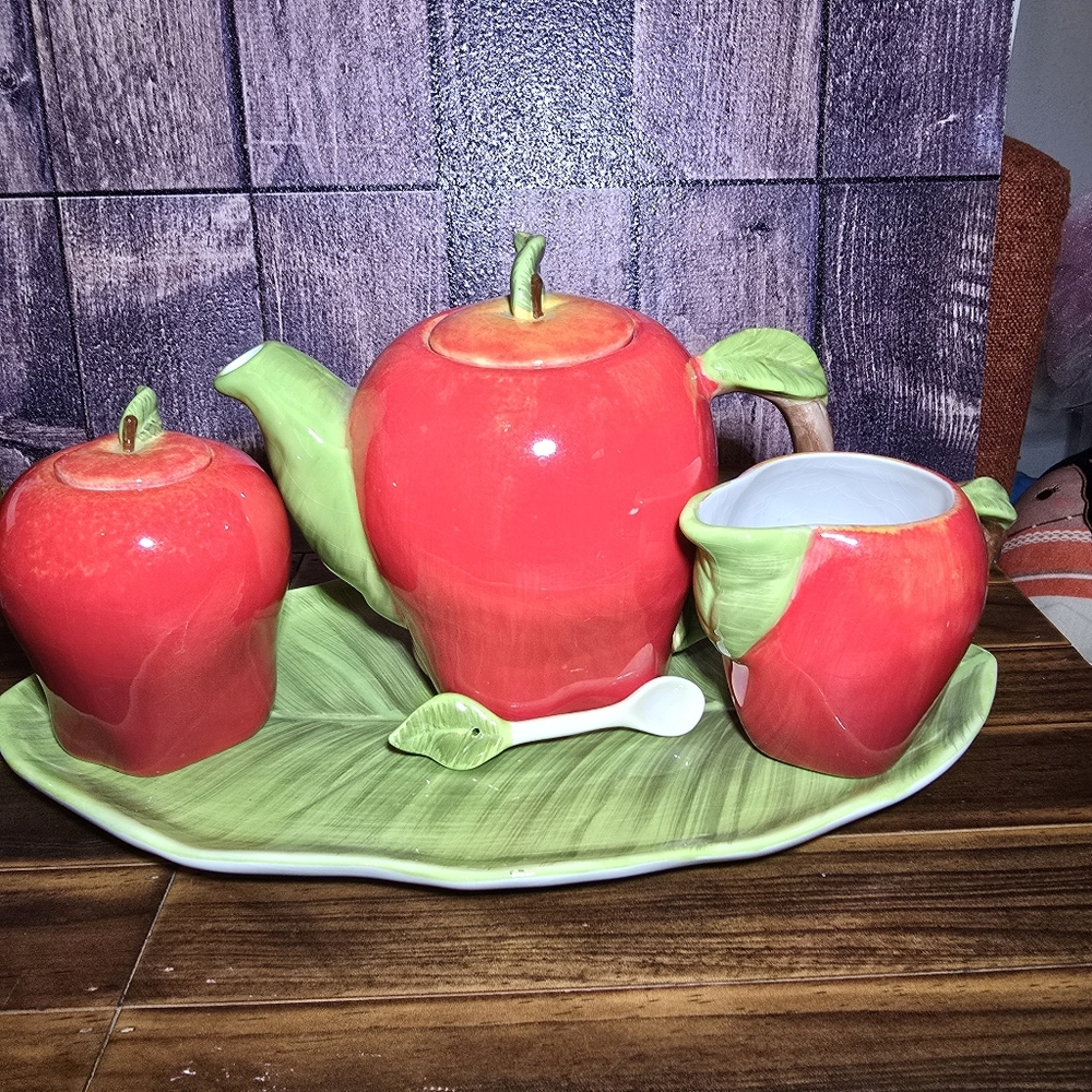 Apple Tea Set with Tray Ceramic Red Green Leaf Design Teapot Creamer Sugar Bowl
